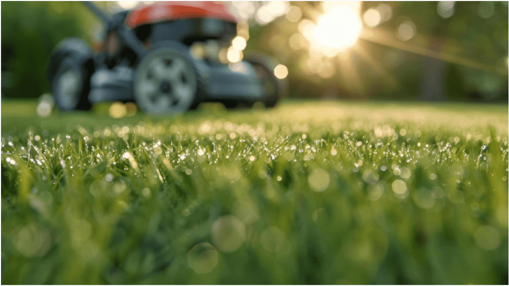 Lawnmower on a dew-covered lawn at sunset