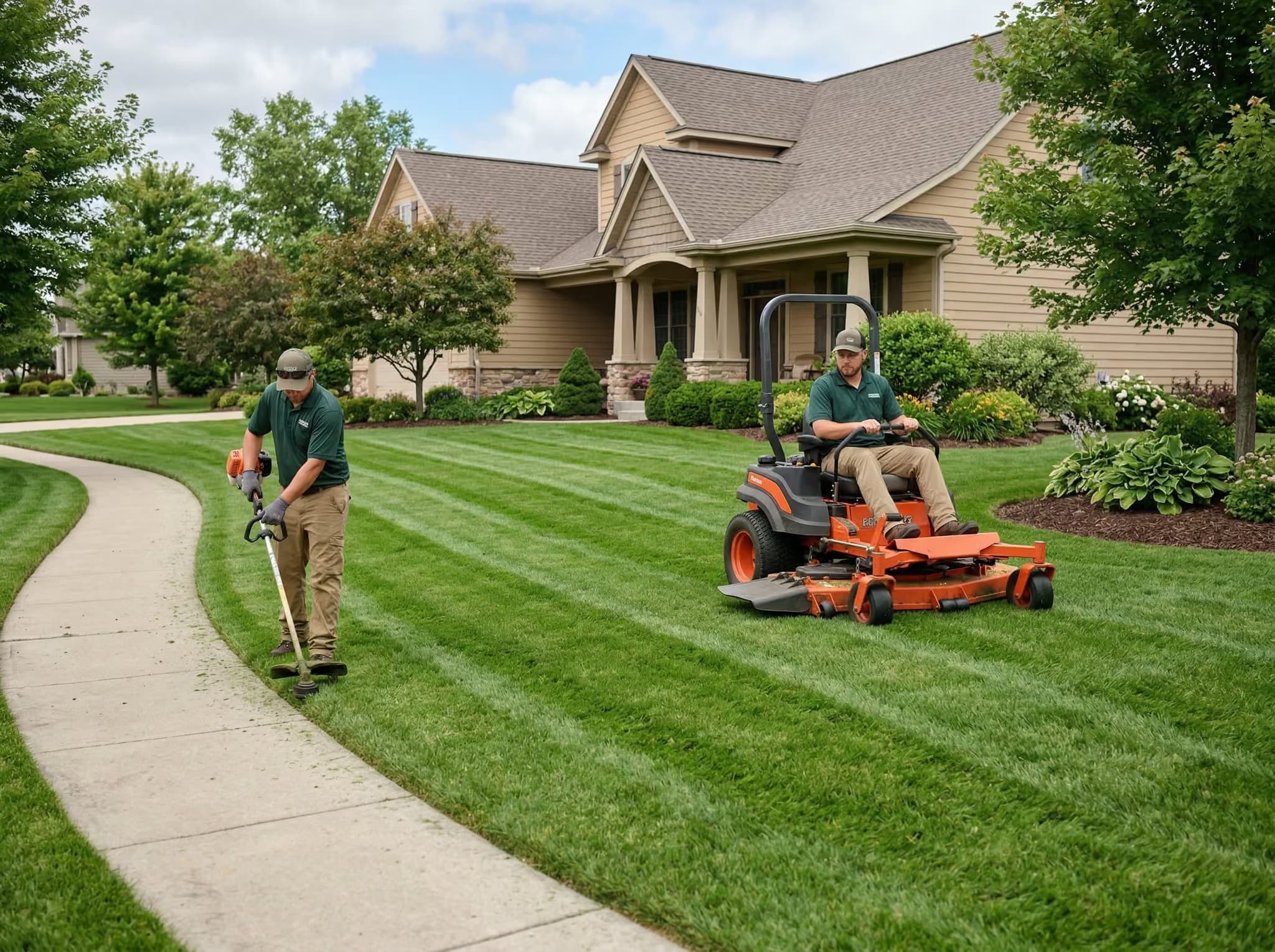 ACME crew mowing and trimming a residential front lawn